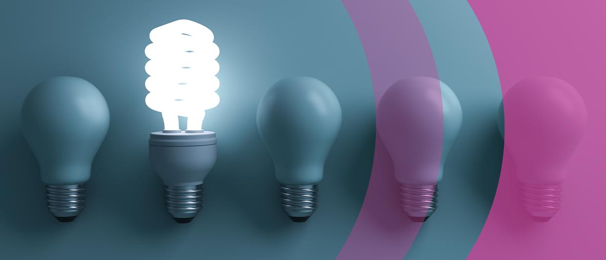 image of lightbulbs with one brighter than the others