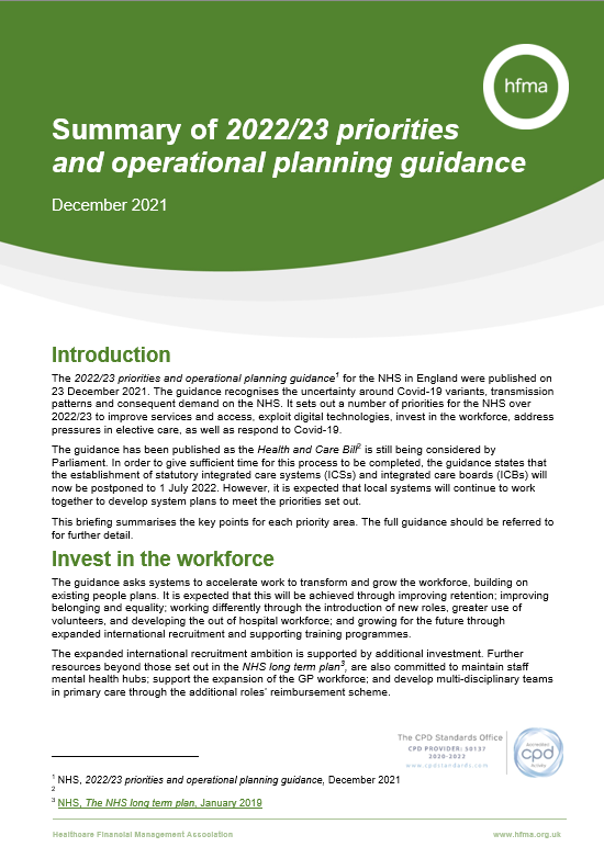 Summary of 2022/23 priorities and operational planning guidance